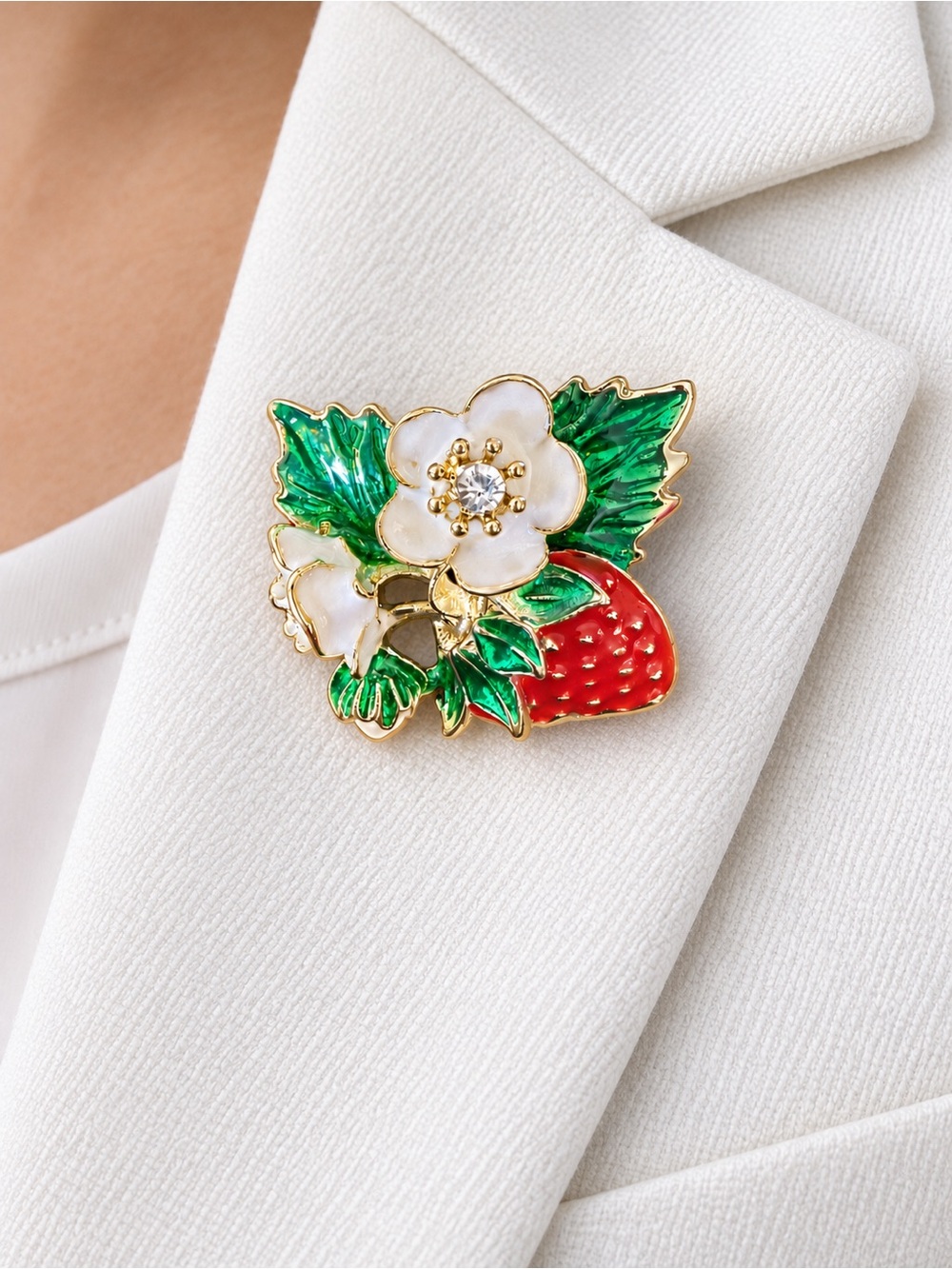 Unsigned. 

Gold-Tone Strawberry & Flower Enamel Brooch - Red, Green, White